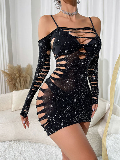 Rhinestone Seamless Cold Shoulder Chemise