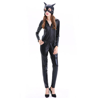 Adult Catwoman Outfit Black Batwoman Costume Wet Look Chest Cut Out Jumpsuit
