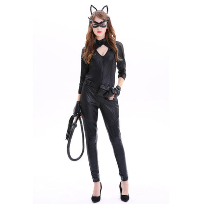 Adult Catwoman Outfit Black Batwoman Costume Wet Look Chest Cut Out Jumpsuit