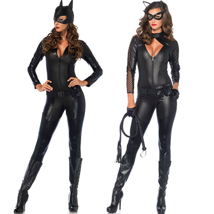 Adult Catwoman Outfit Black Batwoman Costume Wet Look Chest Cut Out Jumpsuit