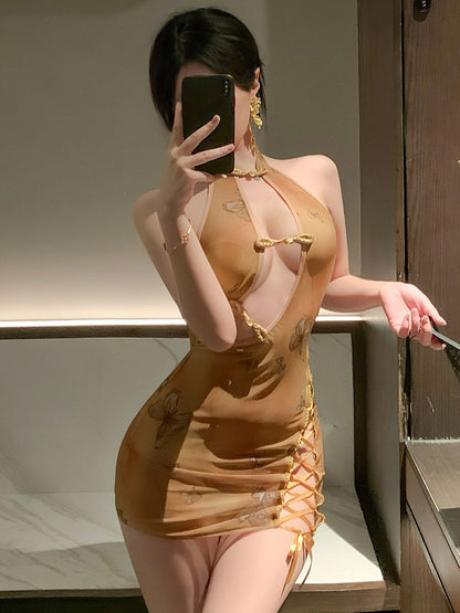 Vintage Butterfly Print Lace-Up Dress