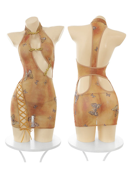 Vintage Butterfly Print Lace-Up Dress
