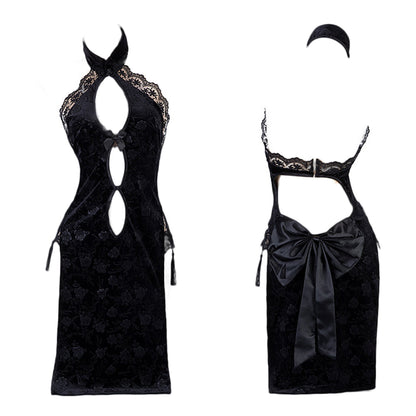 Sexy Cheongsam Dress for Women Cut Out Chinese Cosplay Lingerie High Slit Qipao Nightgowns