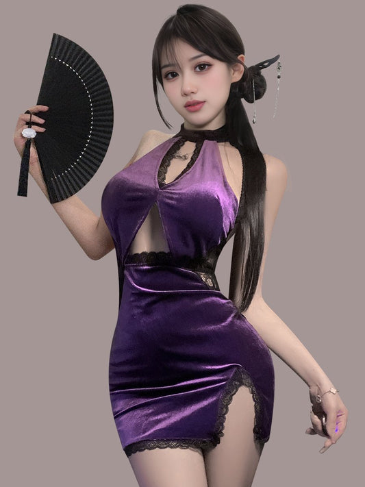 Purple Velvet Backless Cheongsam Dress