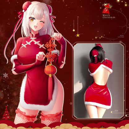 Sexy Cheongsam Dress Red Velvet Cheongsam Lingerie Dress Chinese Split Dress