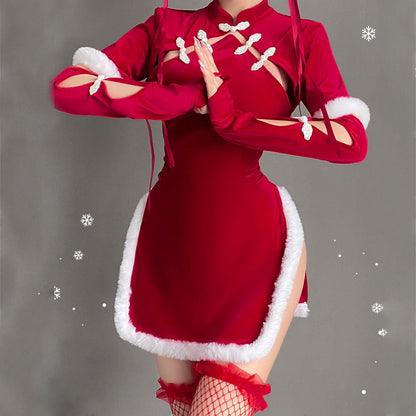Sexy Cheongsam Dress Red Velvet Cheongsam Lingerie Dress Chinese Split Dress