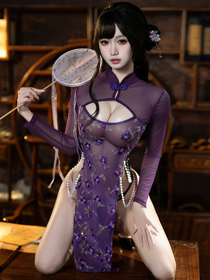 Pearl Embroidered Floral Cheongsam Lingerie