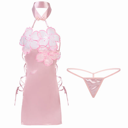 Sexy Chinese Lingerie Dress Lace-Up Side Slit Cheongsam Dresses Pink Satin Babydoll Nightie