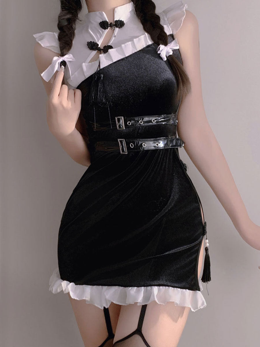 Black Velvet High Slit Cheongsam
