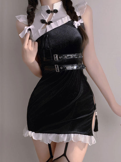 Black Velvet High Slit Cheongsam
