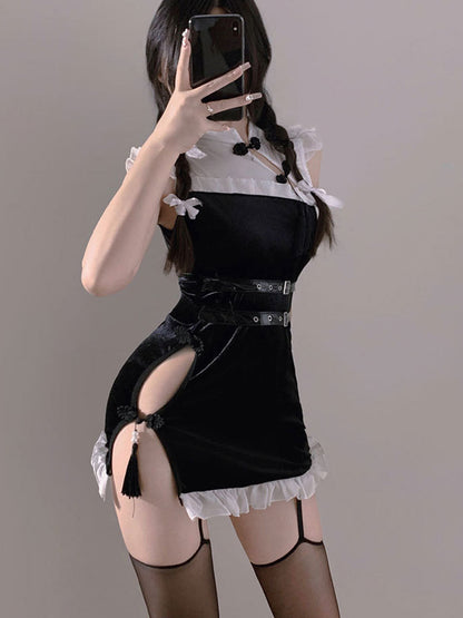 Black Velvet High Slit Cheongsam