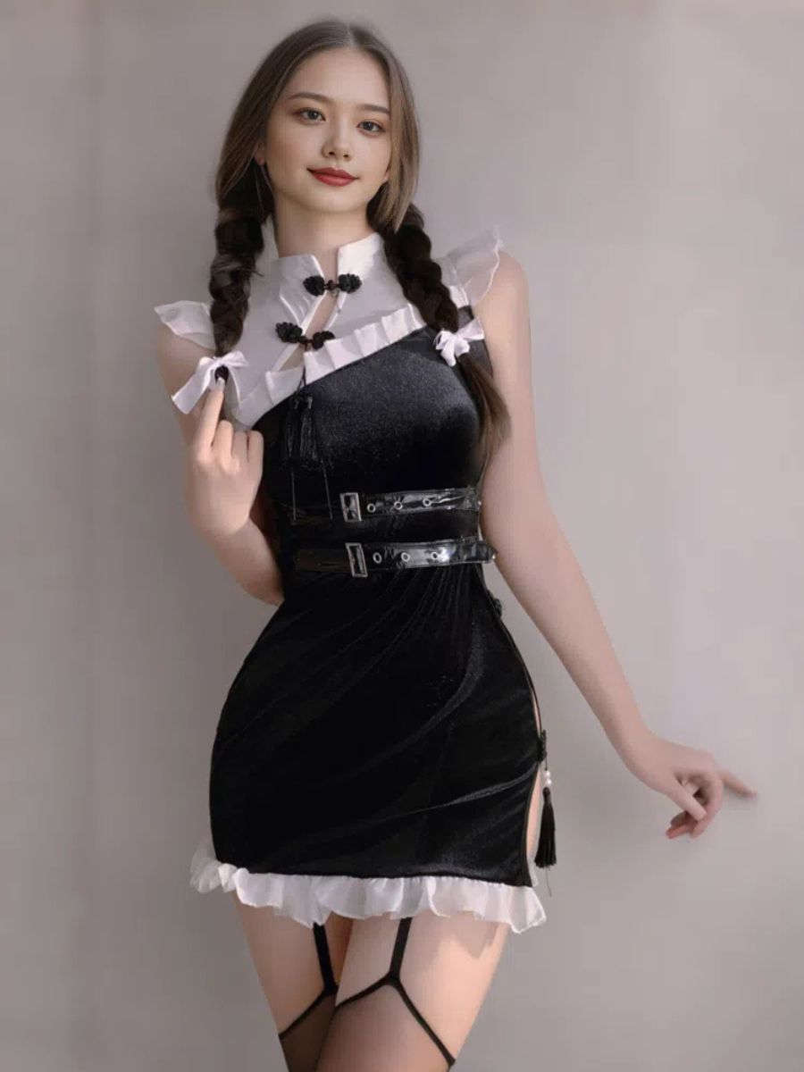 Black Velvet High Slit Cheongsam