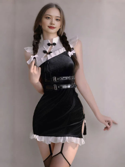 Black Velvet High Slit Cheongsam