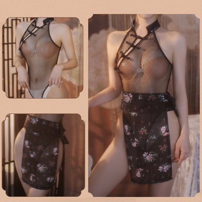 Sexy Chinese Style Lingerie Set Fishnet Open Crotch Teddy Bodysuit with Skirt
