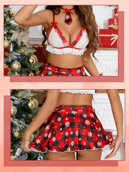 Mrs Clause Lace Bra and Plaid Skirt