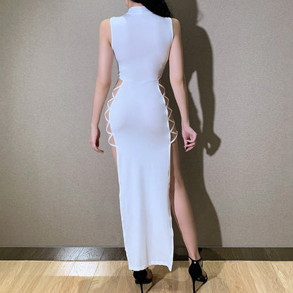 Sexy Crisscross Lace-up Cut Out Dresses for Women Mock Neck High Slit Bodycon Maxi Dress