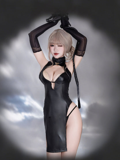 Faux Leather Cheongsam Dress