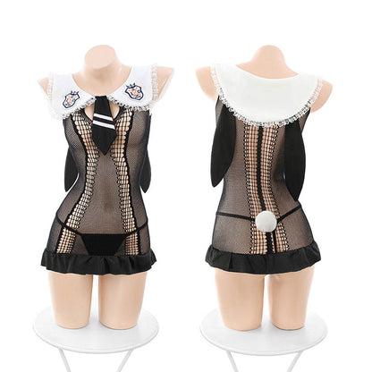 Sexy Fishnet Chemise Sheer Mesh Bunny Girl Babydoll Dress Black Lace Cosplay Lingerie Set