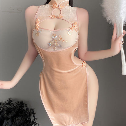 Sexy Floral Embroidery Cheongsam Mesh Patchwork Side Slit Chinese Qipao Dress