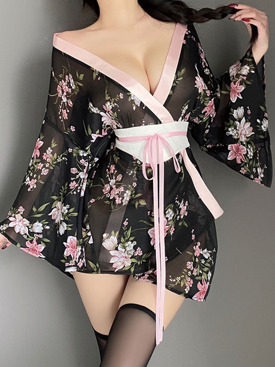 Black Chiffon Floral Print Robe
