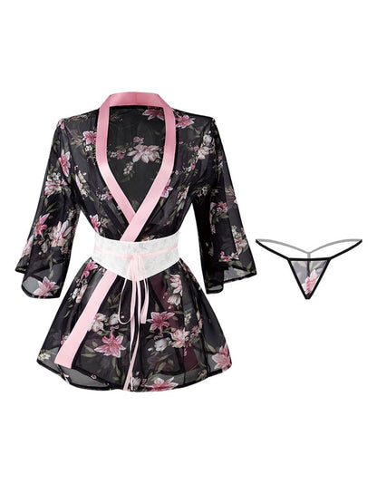 Black Chiffon Floral Print Robe