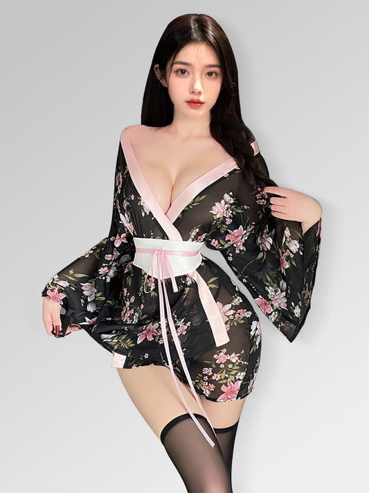 Black Chiffon Floral Print Robe