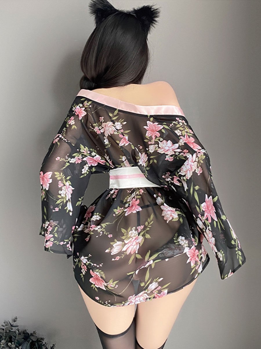 Black Chiffon Floral Print Robe
