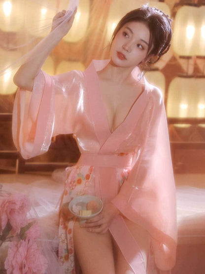 Sheer Mesh Kimono Robe W/ Draping Skirt