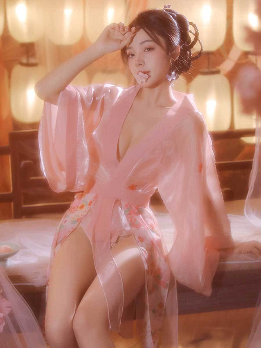 Sheer Mesh Kimono Robe W/ Draping Skirt
