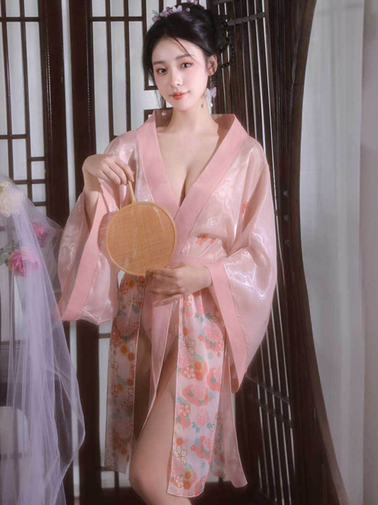 Sheer Mesh Kimono Robe W/ Draping Skirt