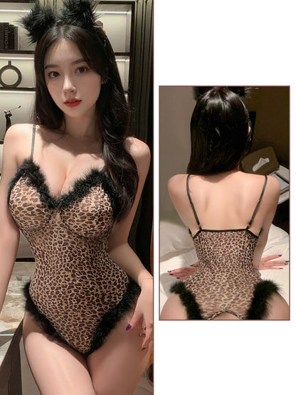 Cheetah Garter Crotchless Bodysuit