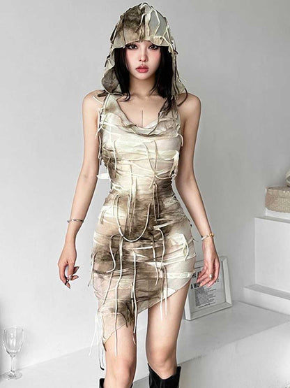Tie Dye Fringe Hooded Mini Dress