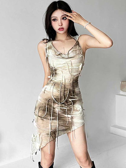 Tie Dye Fringe Hooded Mini Dress