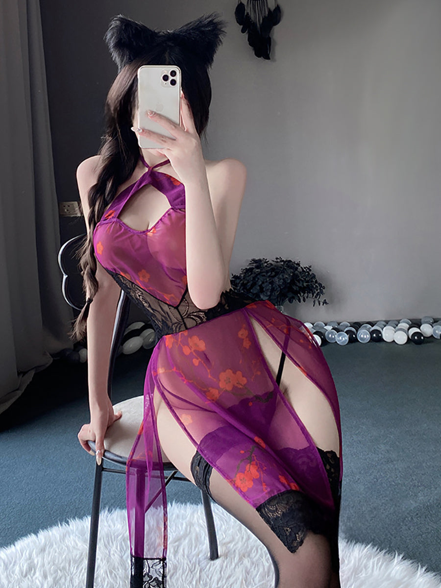 Lace Mesh High Slit Cheongsam Dress