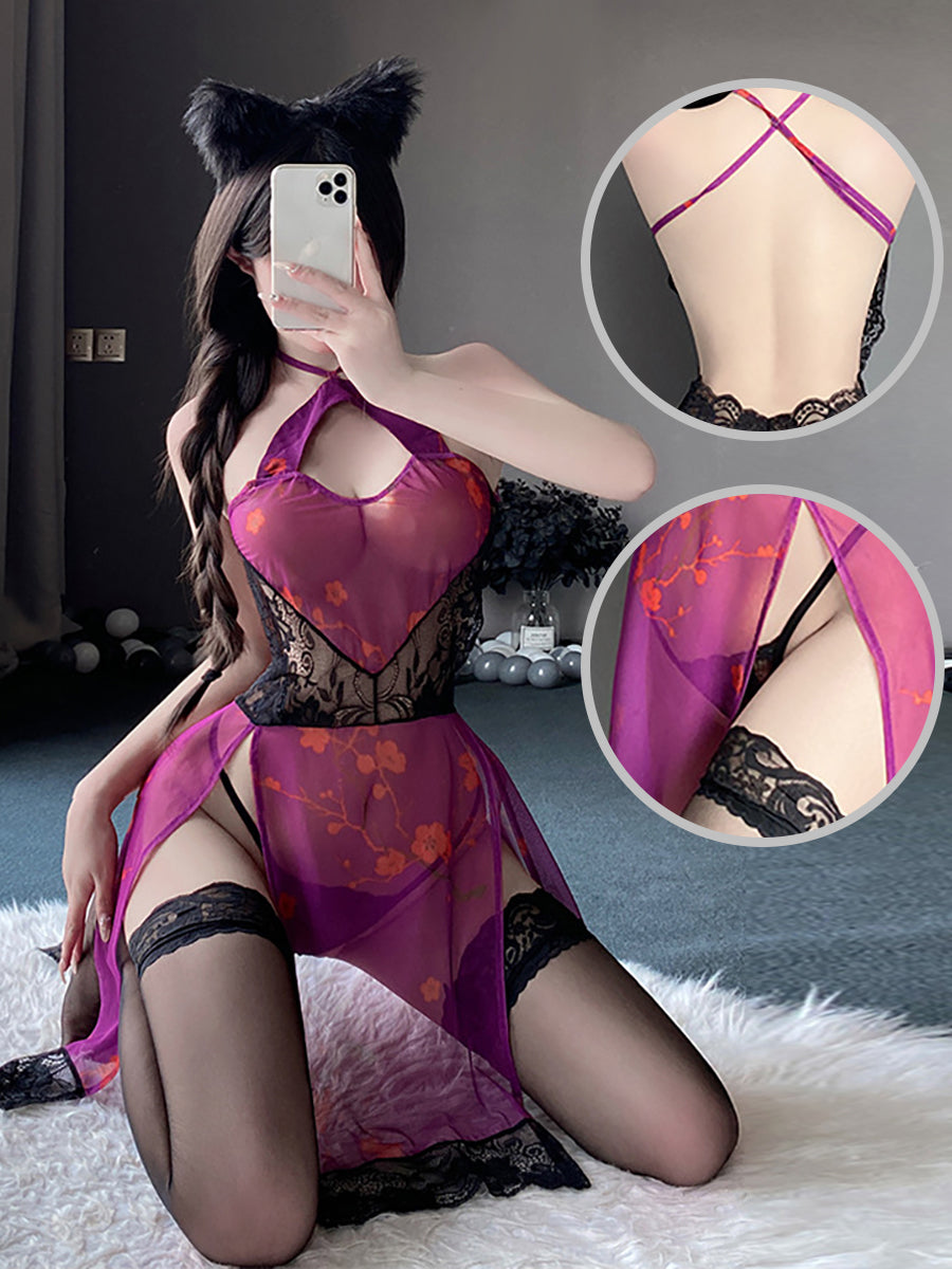 Lace Mesh High Slit Cheongsam Dress