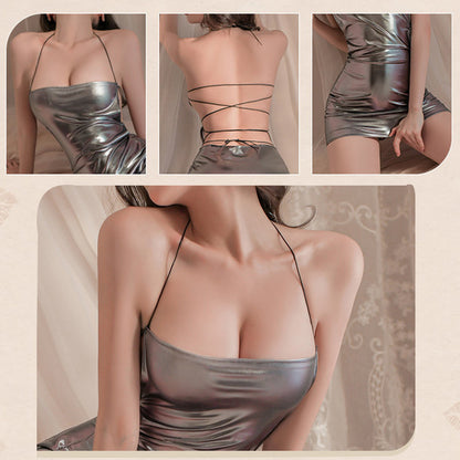 Metallic Halter Mini Dress Sexy Backless Holographic Dress with Crothless Pantyhose