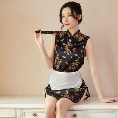 Sexy Maid Costume Exotic Maid Dress Chinese Split Dress with Maid Apron